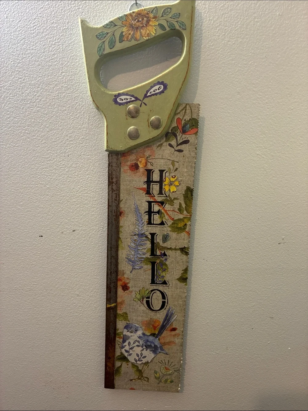 Green Floral 'HELLO' Saw Wall Decor